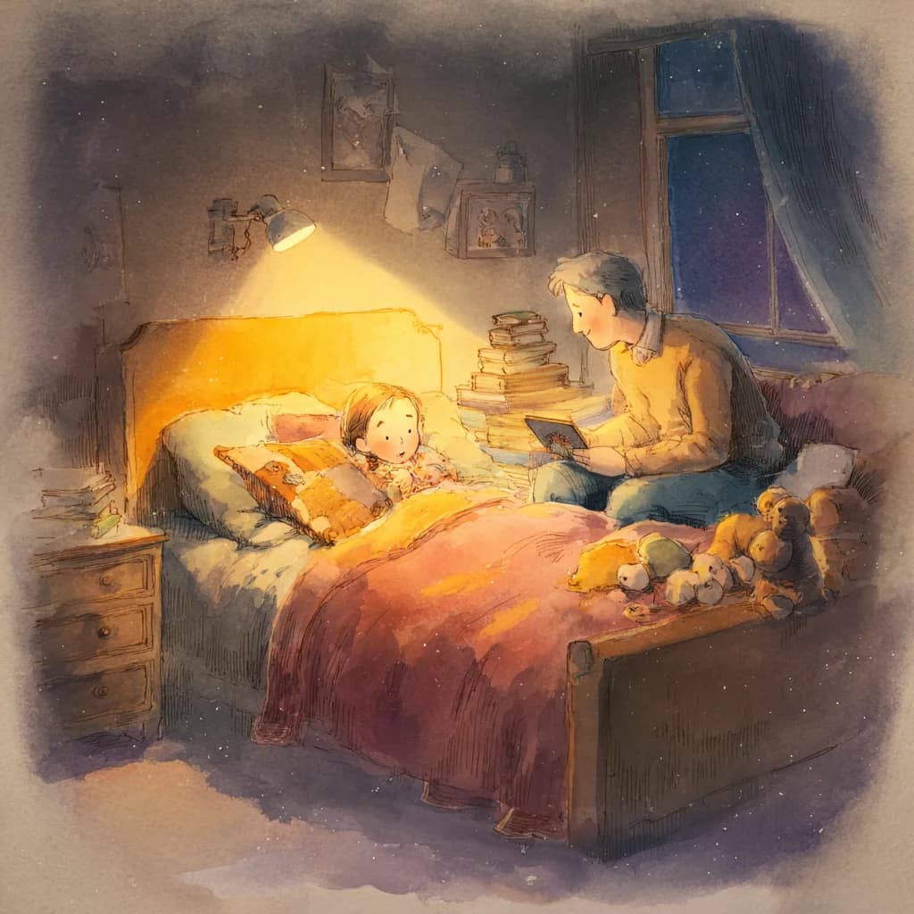 Папа читает сказку ребёнку перед сном в уютной комнате.